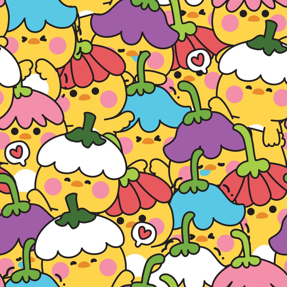 Repeat.Seamless pattern of cute chicken wear flower hat in various poses and feeling background.Spring.Nature.Duck.Bird.Farm animal character cartoon design.Kawaii.Illustration. vector