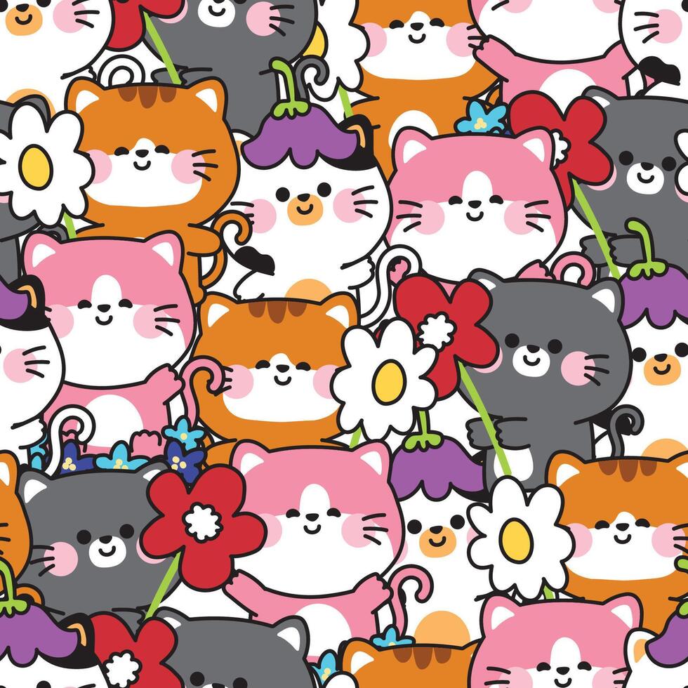Colorful cats and flowers pattern vector