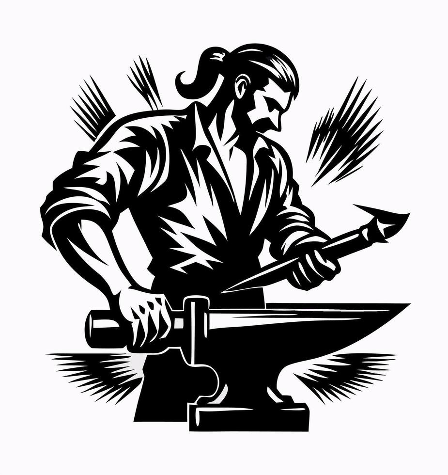 Blacksmith working at anvil, striking metal vector