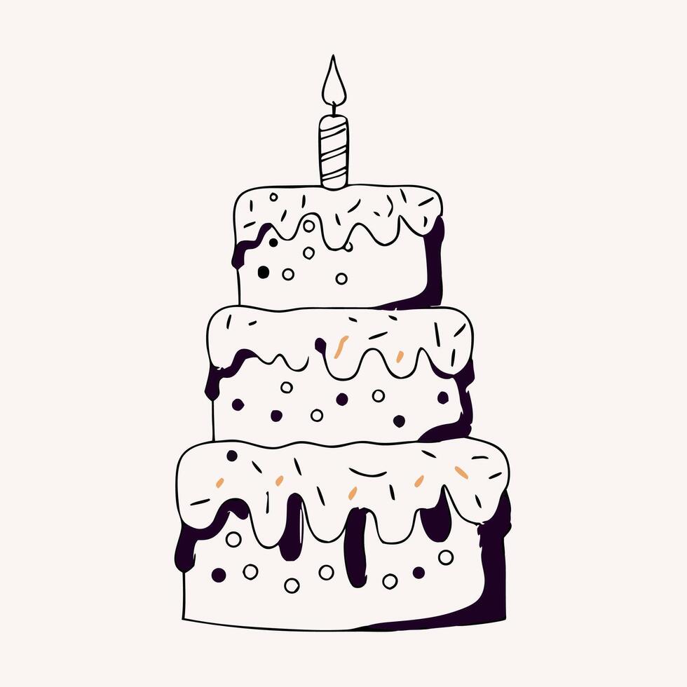 Three Tier Birthday Cake with Candle Doodle Style Illustration vector