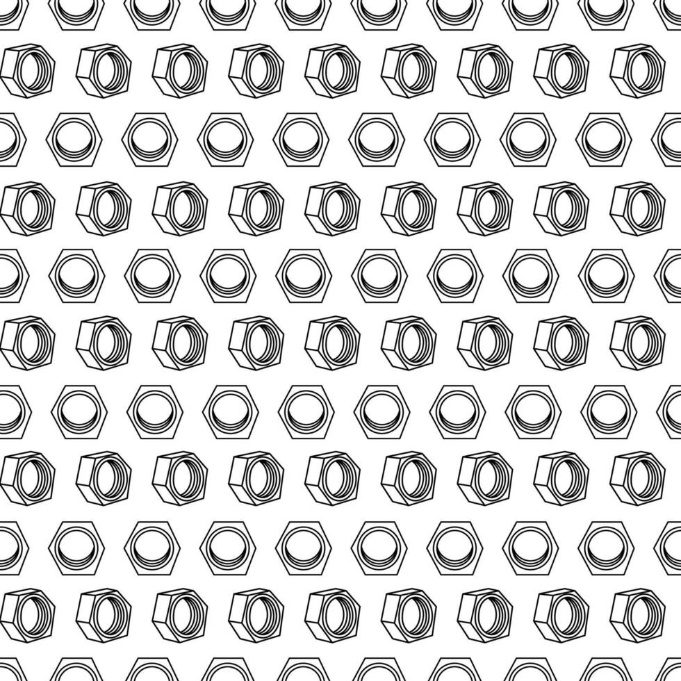 Seamless pattern with hand drawn hex nuts in black outline style. Ideal for DIY-themed textile prints, coloring pages, or mechanical design elements. vector