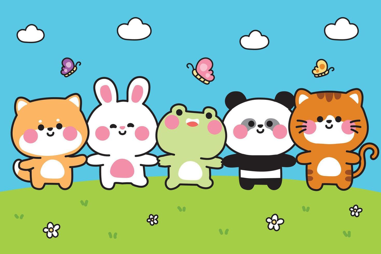 Cute animals hold hands on the flower garden cloud and sky have butterfly background.Shiba inu dog,rabbit,frog,panda bear,cat hand drawn.Kawaii.Illustration. vector