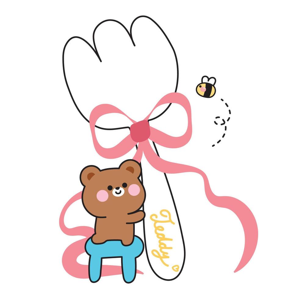 Cute teddy bear and bee stand on chair to hold big fork with bow ribbon.Eating.Wild animal character cartoon design.Kawaii.Illustration. vector