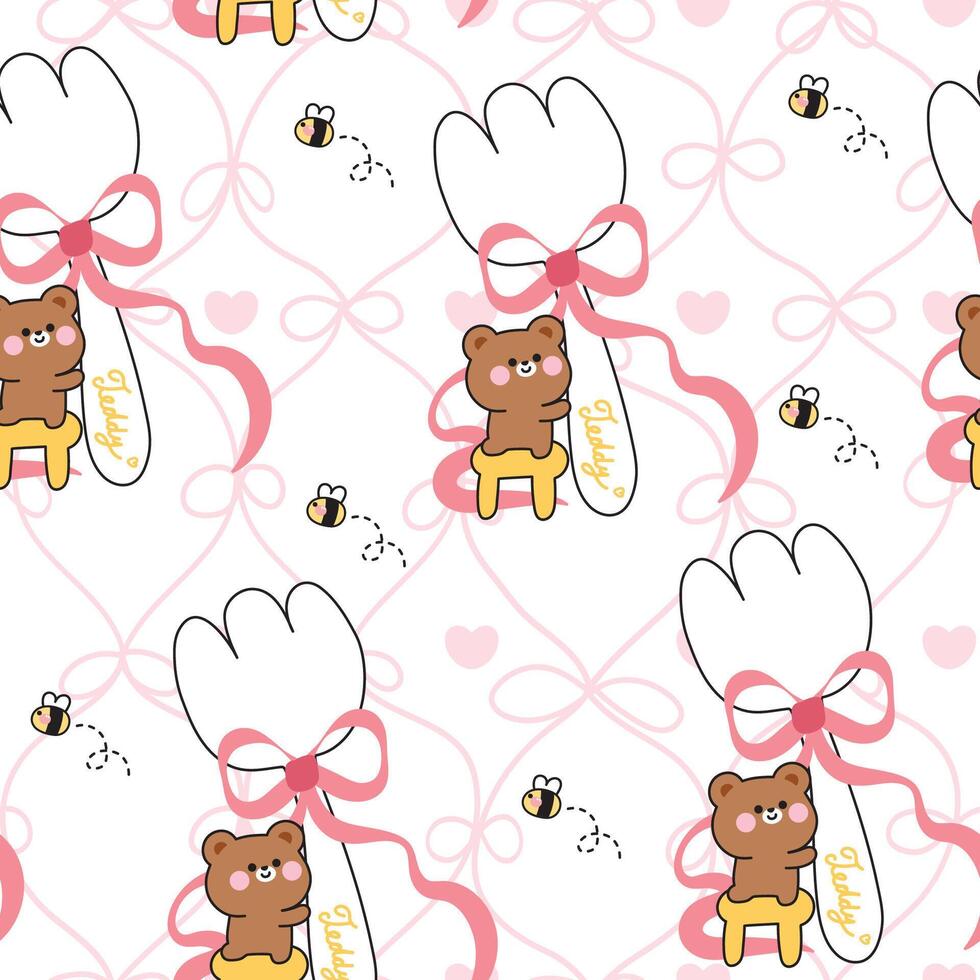 Seamless pattern of cute teddy bear and bee stand on chair to hold big fork with bow ribbon background.Eating.Wild animal character cartoon design.Kawaii.Illustration. vector