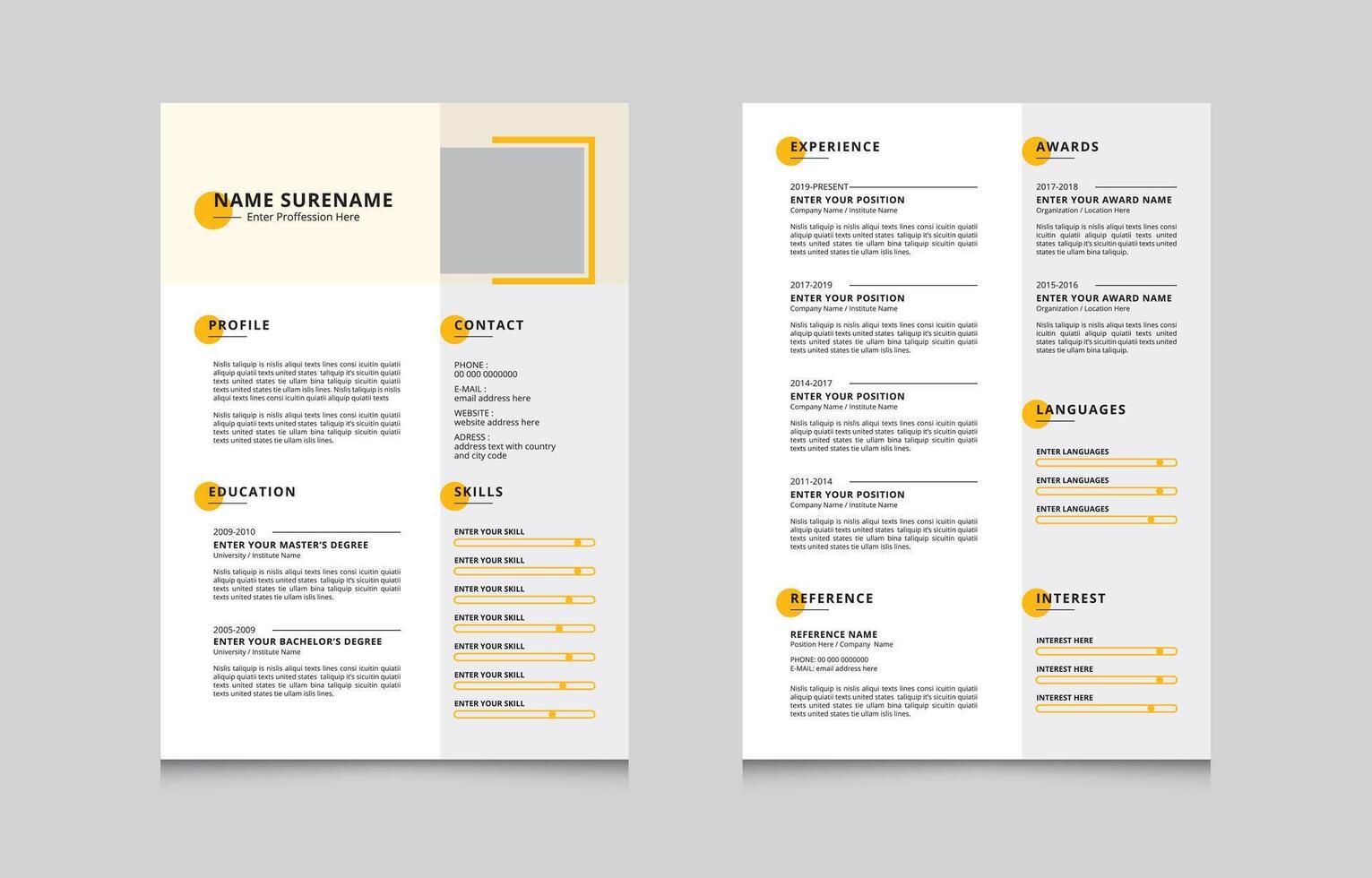 Two Page Simple and Clean Resume CV Layout vector
