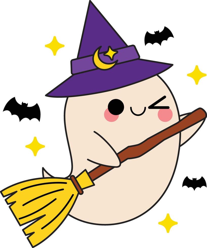 Kawaii Halloween ghost monster in witch hat and holding a broom vector