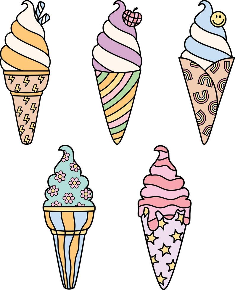 Set of groovy retro ice cream dessert with waffle cone on isolated background vector