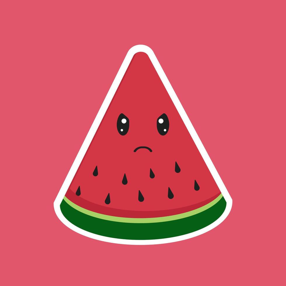 A watermelon slice with a sad face on a pink background vector