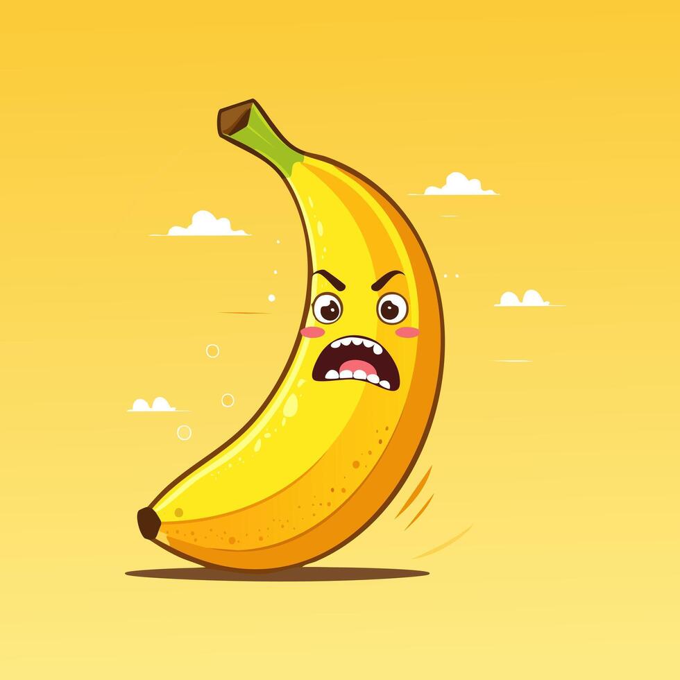 Furious cartoon banana character with clenched teeth and angry eyebrows, standing boldly on a bright yellow-orange background vector