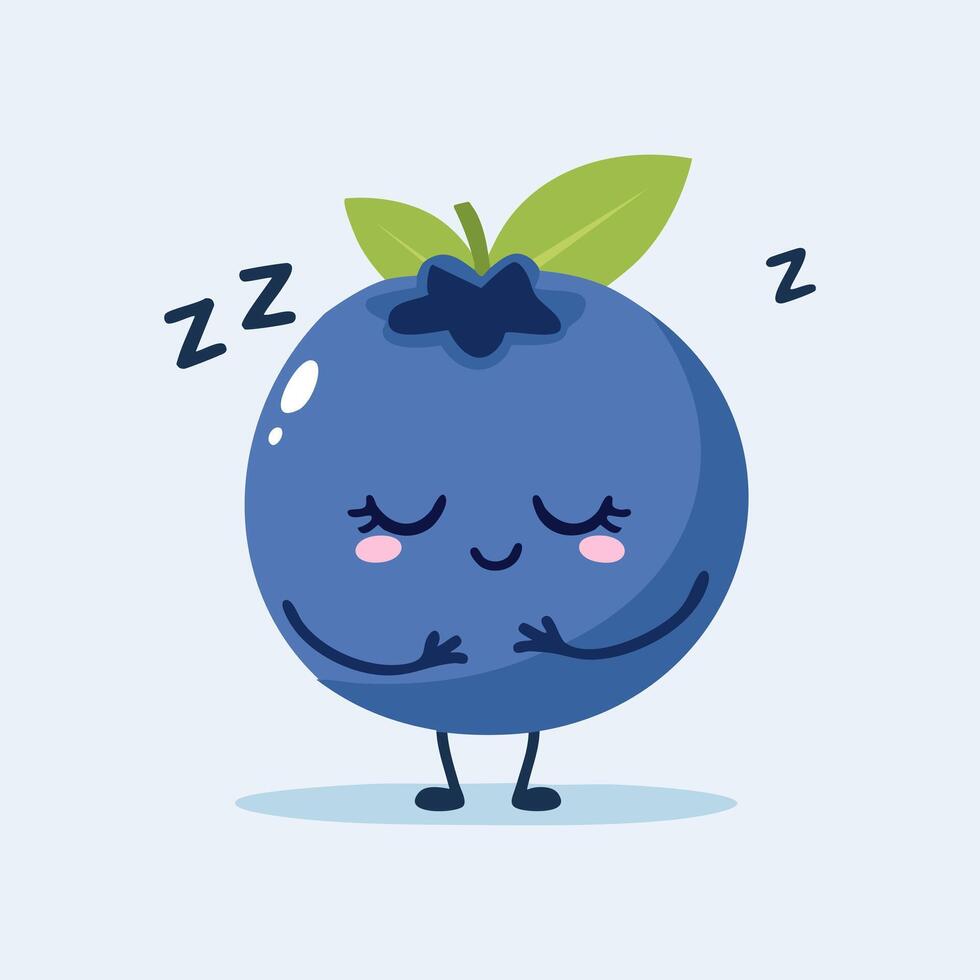 Sleeping blueberry cartoon character with peaceful expression and closed eyes, featuring a dreamy and calm mood on light blue background vector