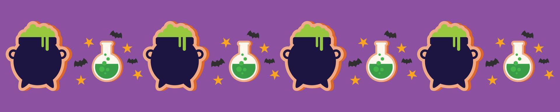 Halloween spooky seamless border with cauldron, potion and bat vector