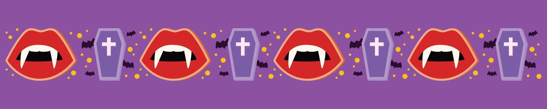Halloween spooky seamless border with vampire fang, coffin and bat vector