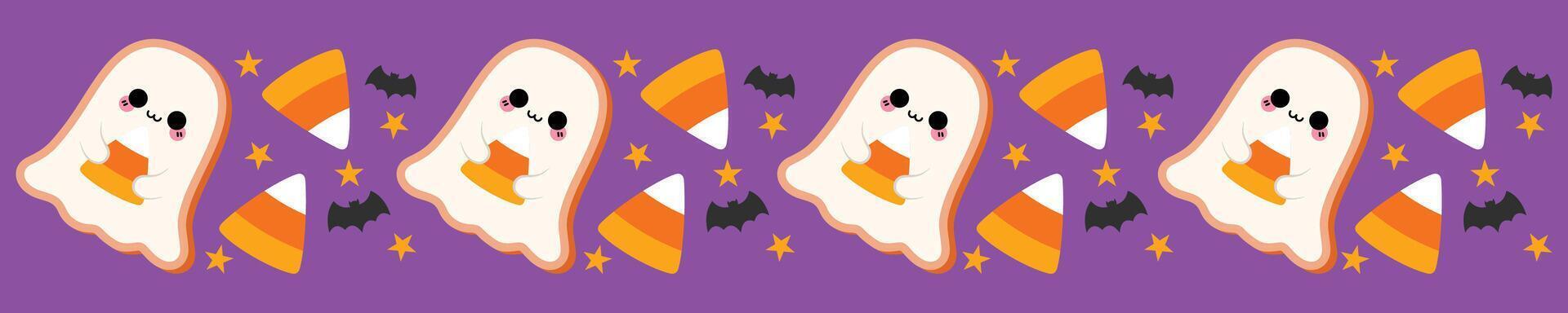 Halloween spooky seamless border with ghosts, candy corns and bats vector