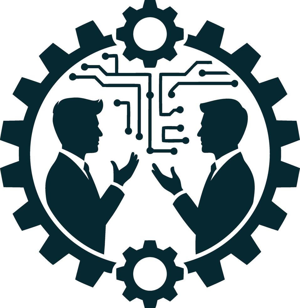 Two men in business suits talking in front of a gear wheel vector