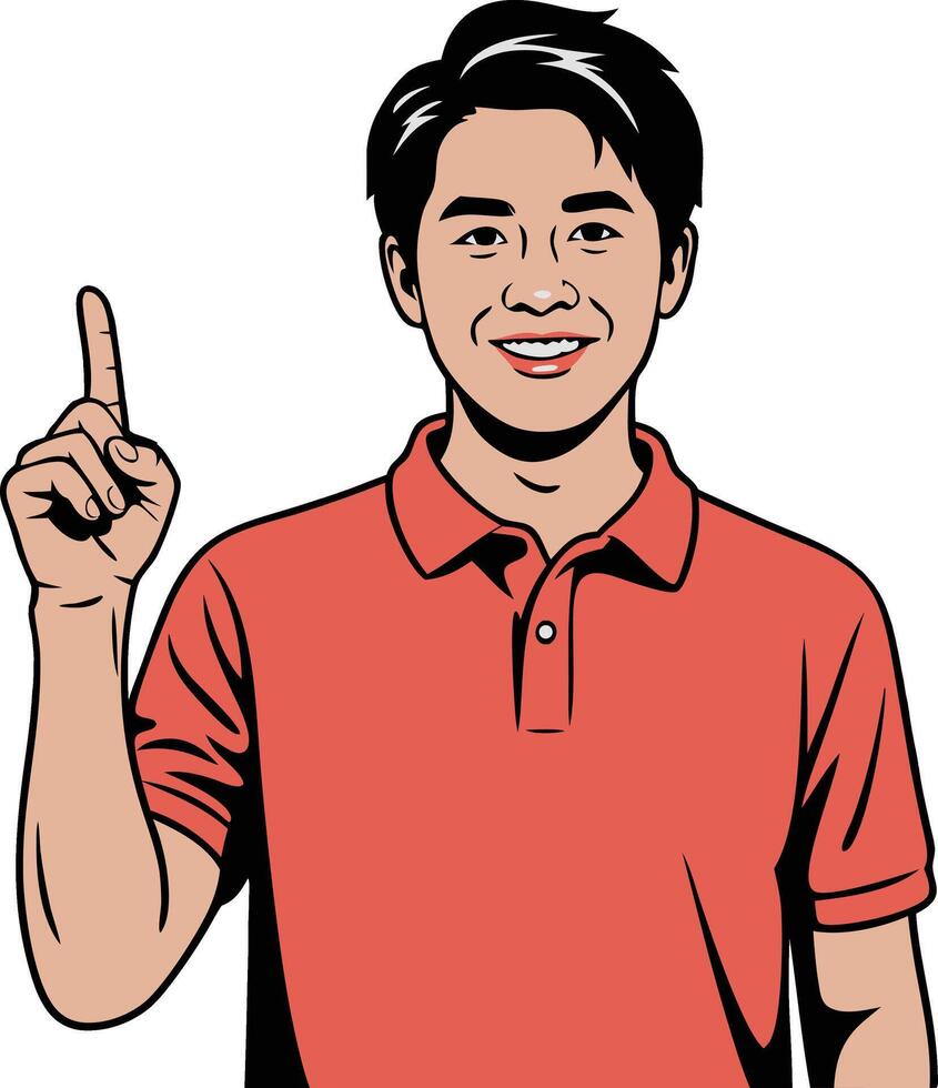 A man in a red shirt is pointing his finger up vector