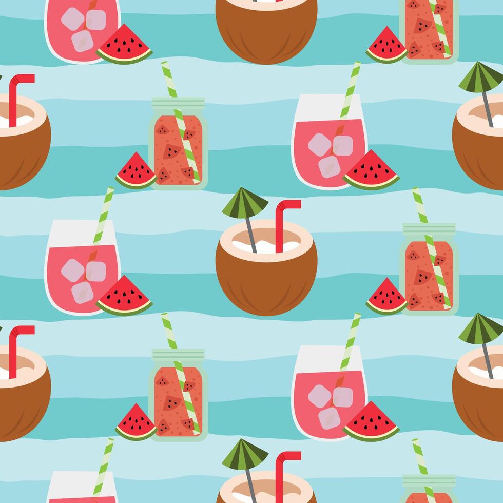 Summer beverage seamless pattern background with coconut drink and watermelon cocktail vector