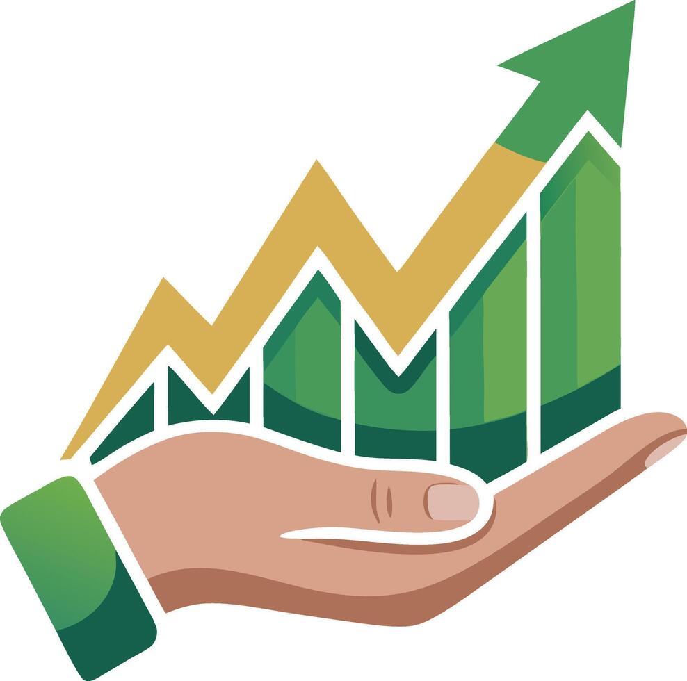 Hand holding up a graph with a green arrow vector