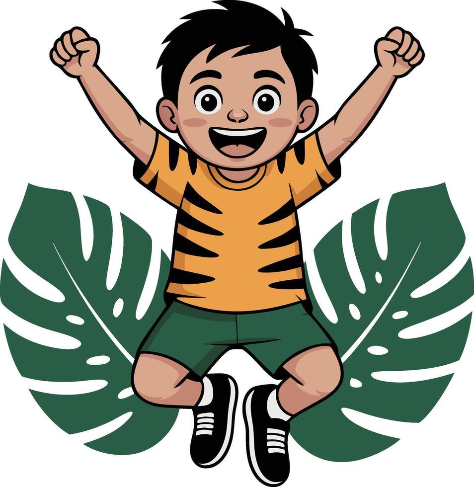 A cartoon boy jumping with his arms up in the air vector