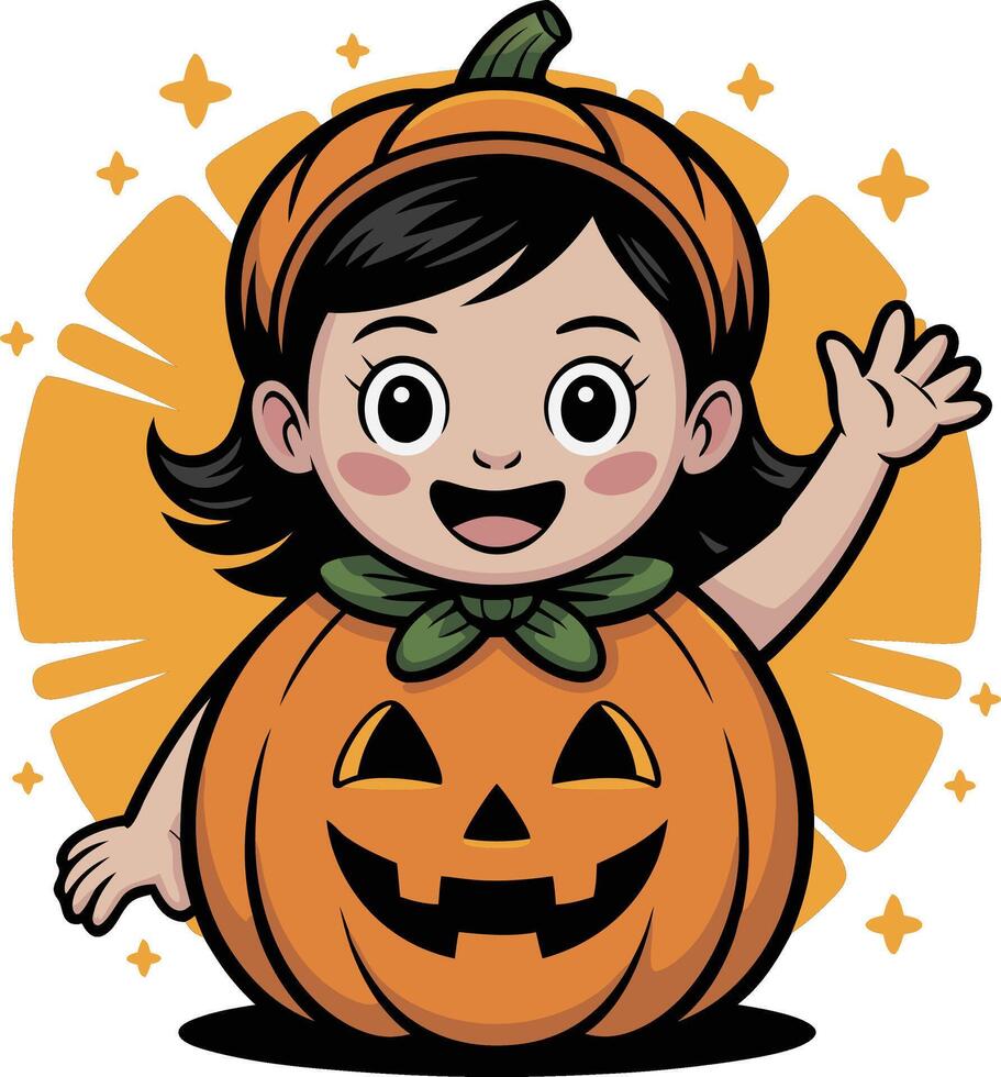 A cartoon girl dressed as a pumpkin vector