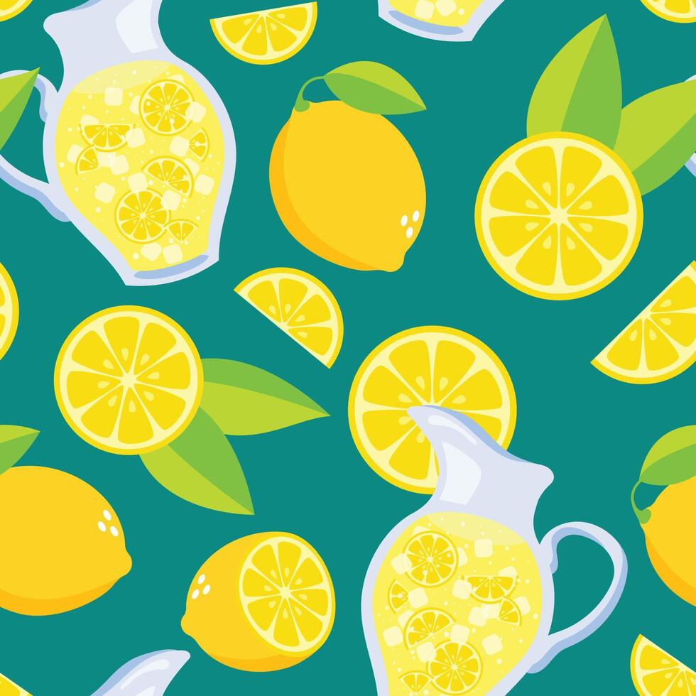 Lemon slice and lemonade in jug seamless pattern background vector