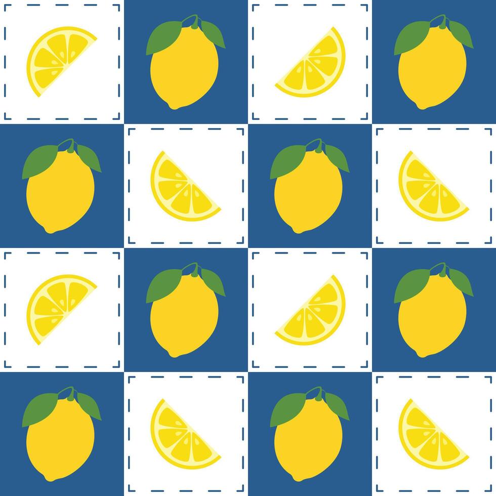 Citrus lemon seamless pattern on checkered background vector