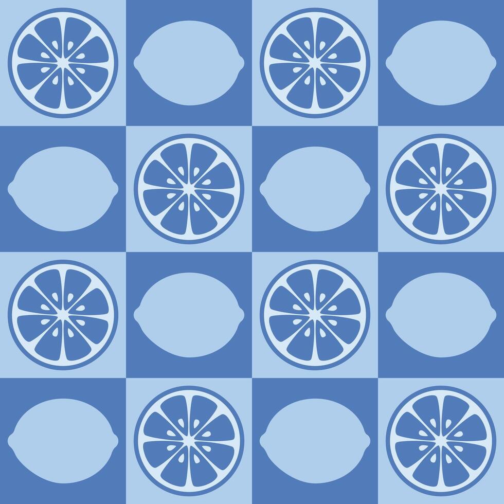 Lemon fruit seamless pattern on blue checkered background vector