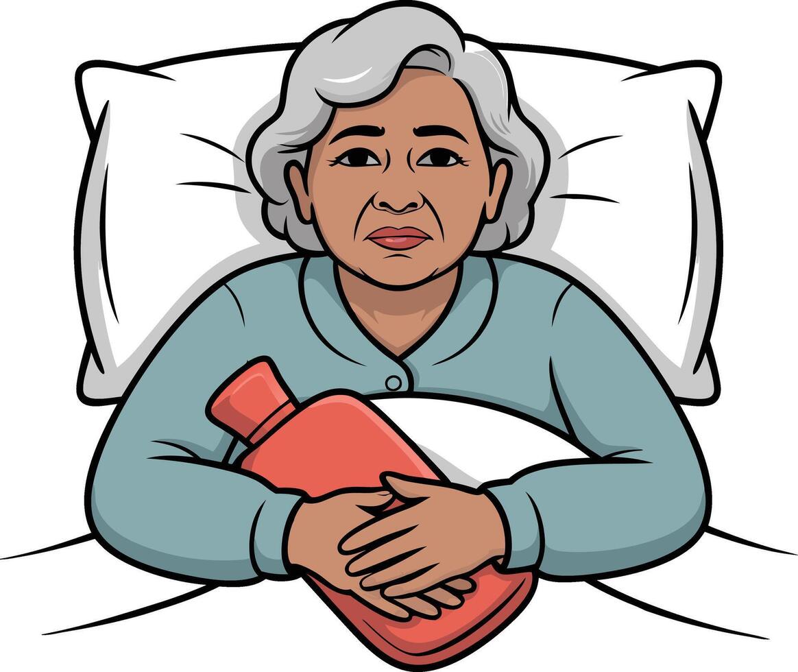 An elderly woman laying in bed with a thermos vector