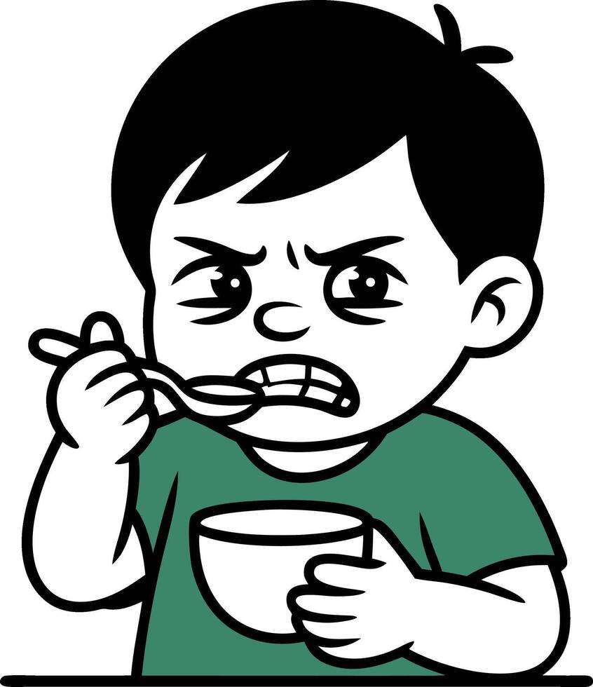 A cartoon boy eating a bowl of cereal vector