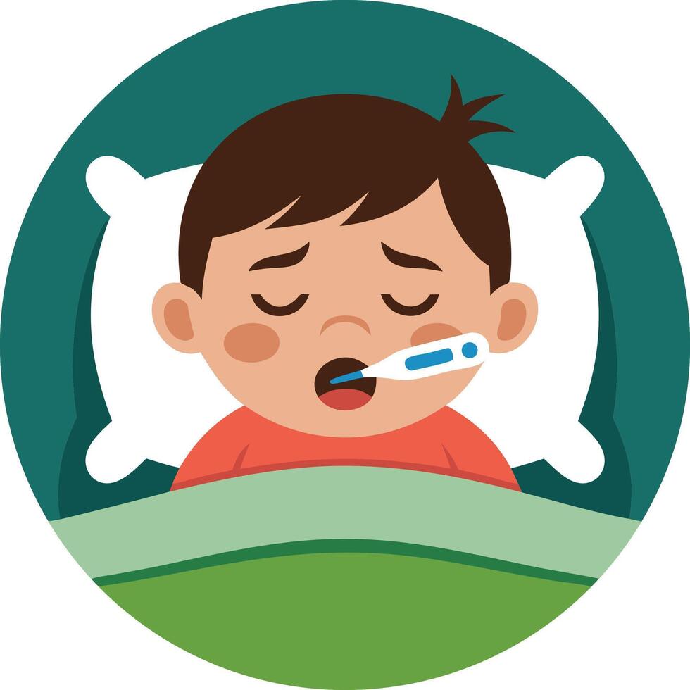 A boy with a thermometer in his mouth vector