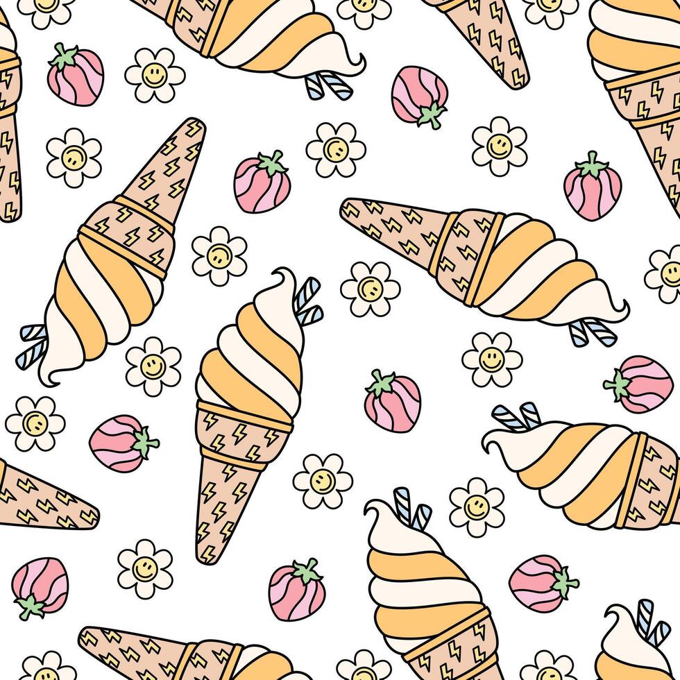 Retro soft ice cream seamless pattern on strawberry and flower background vector