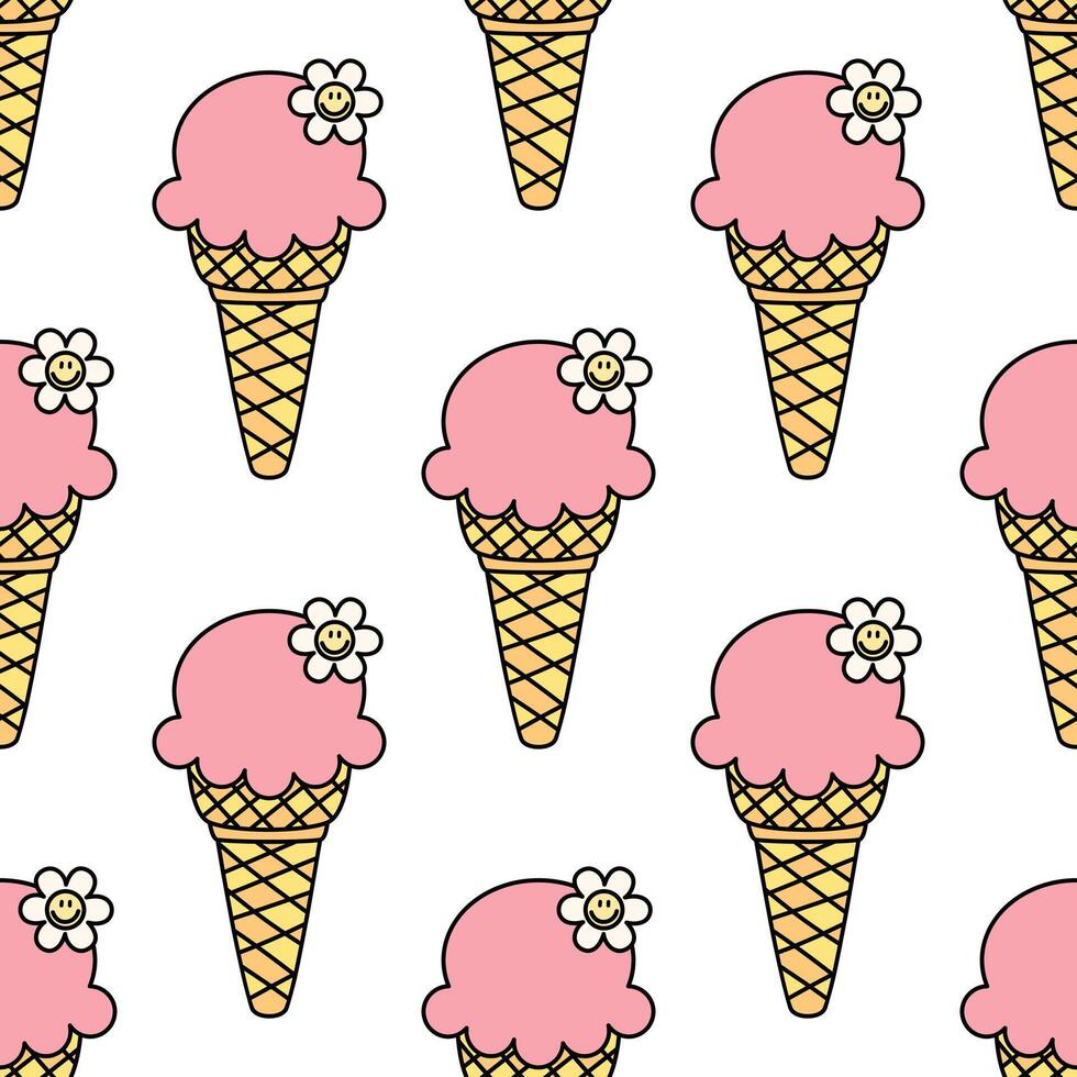 Retro ice cream in a cones seamless pattern on white background vector