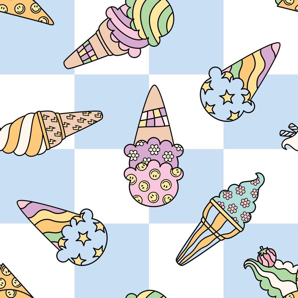 Seamless pattern with different types of retro soft ice cream on blue checkered background vector