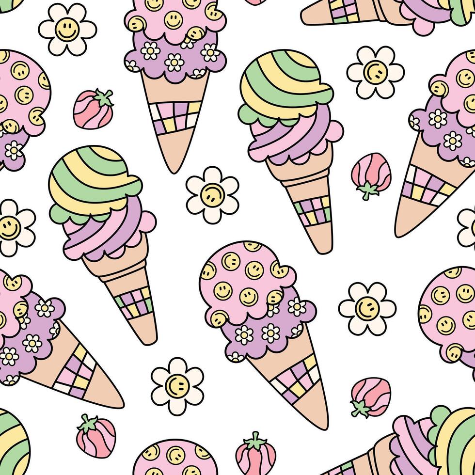 Retro ice cream in a cone seamless pattern with strawberry and smile face flower on white background vector
