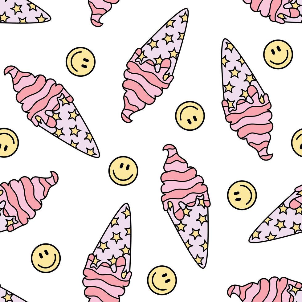 Retro soft ice cream in a waffle cone seamless pattern with smile face on white background vector