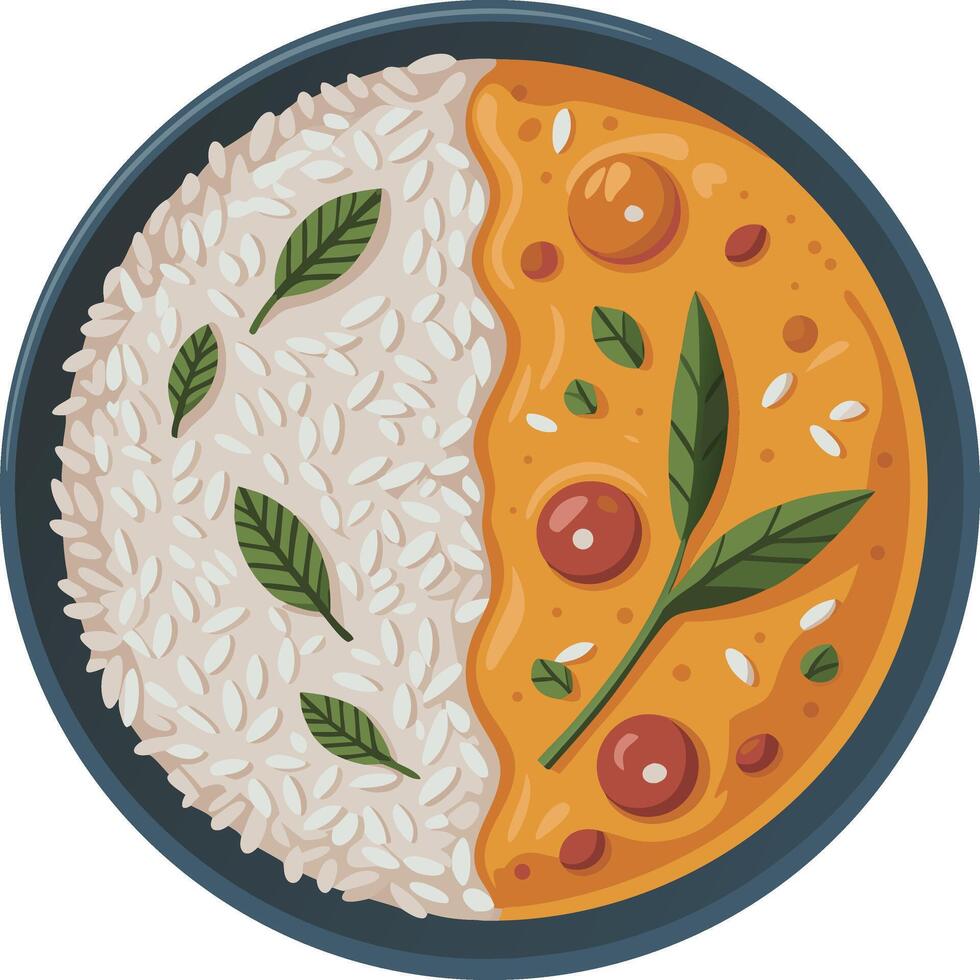 A plate with rice and curry in it vector