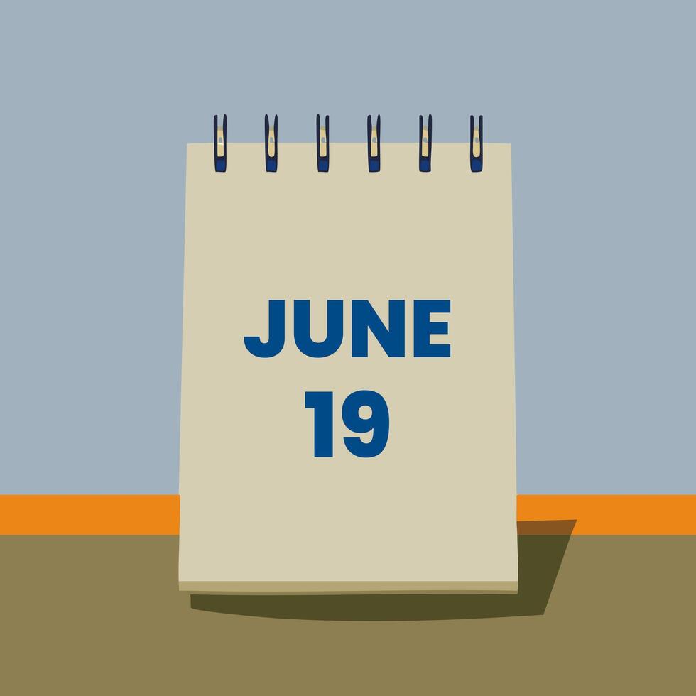 Minimalist desk calendar with bold blue text JUNE 19 on a neutral background, symbolizing a specific date for scheduling, awareness events, or deadlines vector