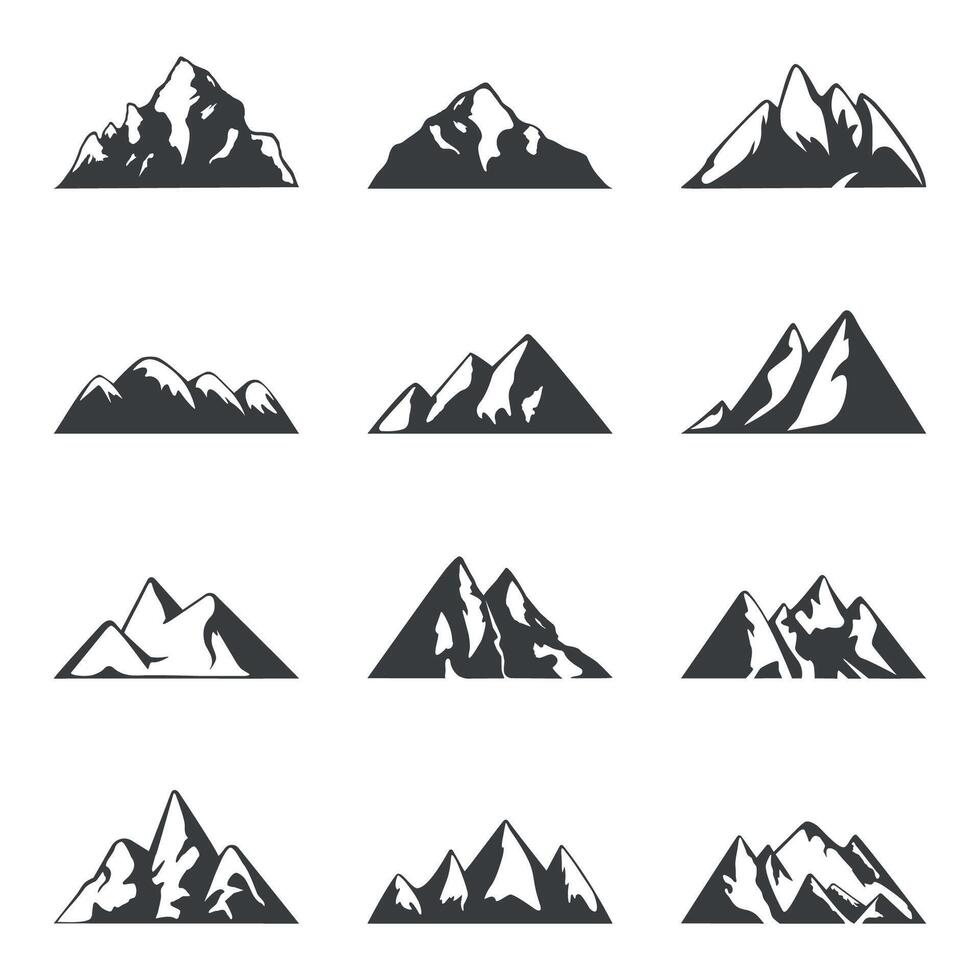 Mountain Icon Set. Simple Black and White Icons, Design Templates. Travel, Hiking, Camping Clipart vector