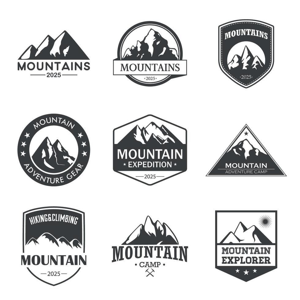 Vintage Mountain Logos and Badges Set for Outdoor Adventure, Hiking, Climbing, Expedition, Camp Design in Retro Style for 2025 Branding and Nature Travel vector