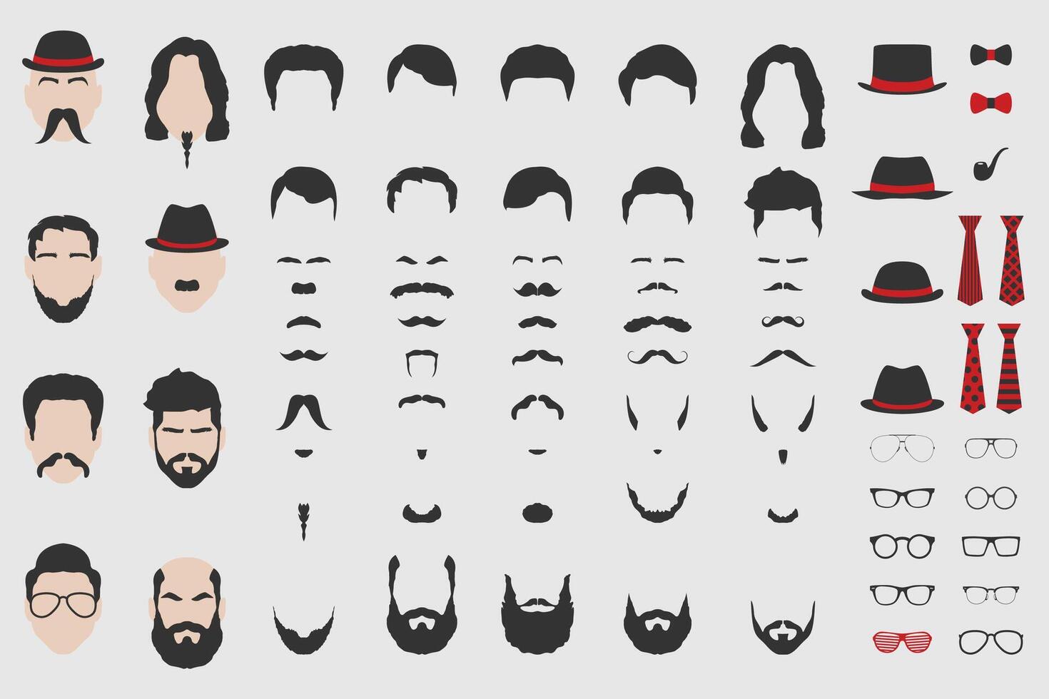 Hipster Beard, Mustache, Hair, Hat, Glasses and Accessories Set for Male Face Avatars, Barbershop Logos, Costume Design, Character Creation in Flat Minimal Style vector