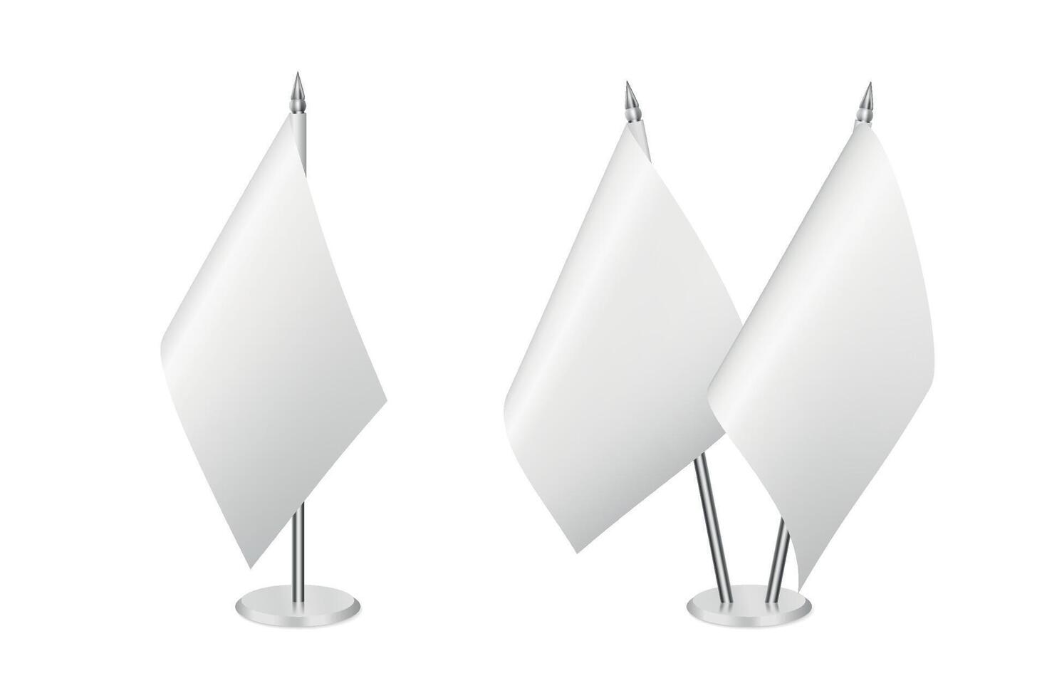 Blank Table Flags Set. Realistic White Fabric and Metal Stand. Isolated Desk Flag Mockup for Country Symbols, Corporate Branding, Event Decoration, Diplomatic Design vector