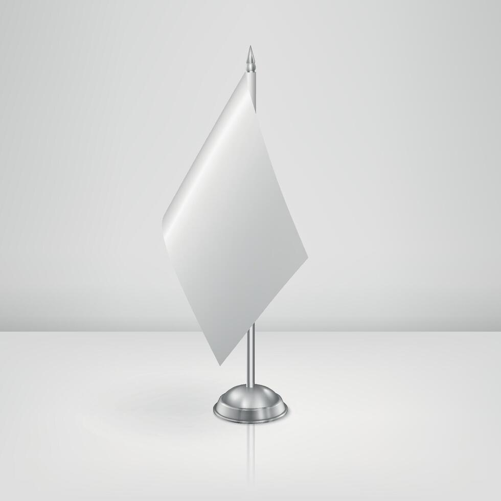 Realistic Single White Table Flag Mockup with Metal Stand on Minimal Background, Template for Country Symbol, Corporate Branding, Conference Decoration or Political Meeting Design vector