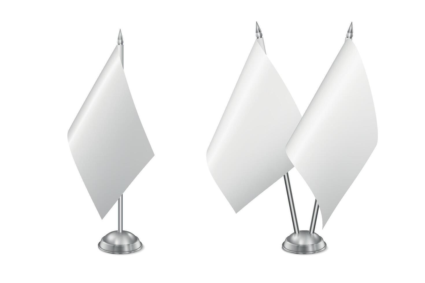 White Blank Table Flags Set. Realistic White Fabric and Metal Stand. Isolated Desk Flag Mockup for Country Symbols, Corporate Branding, Event Decoration, Diplomatic Design vector