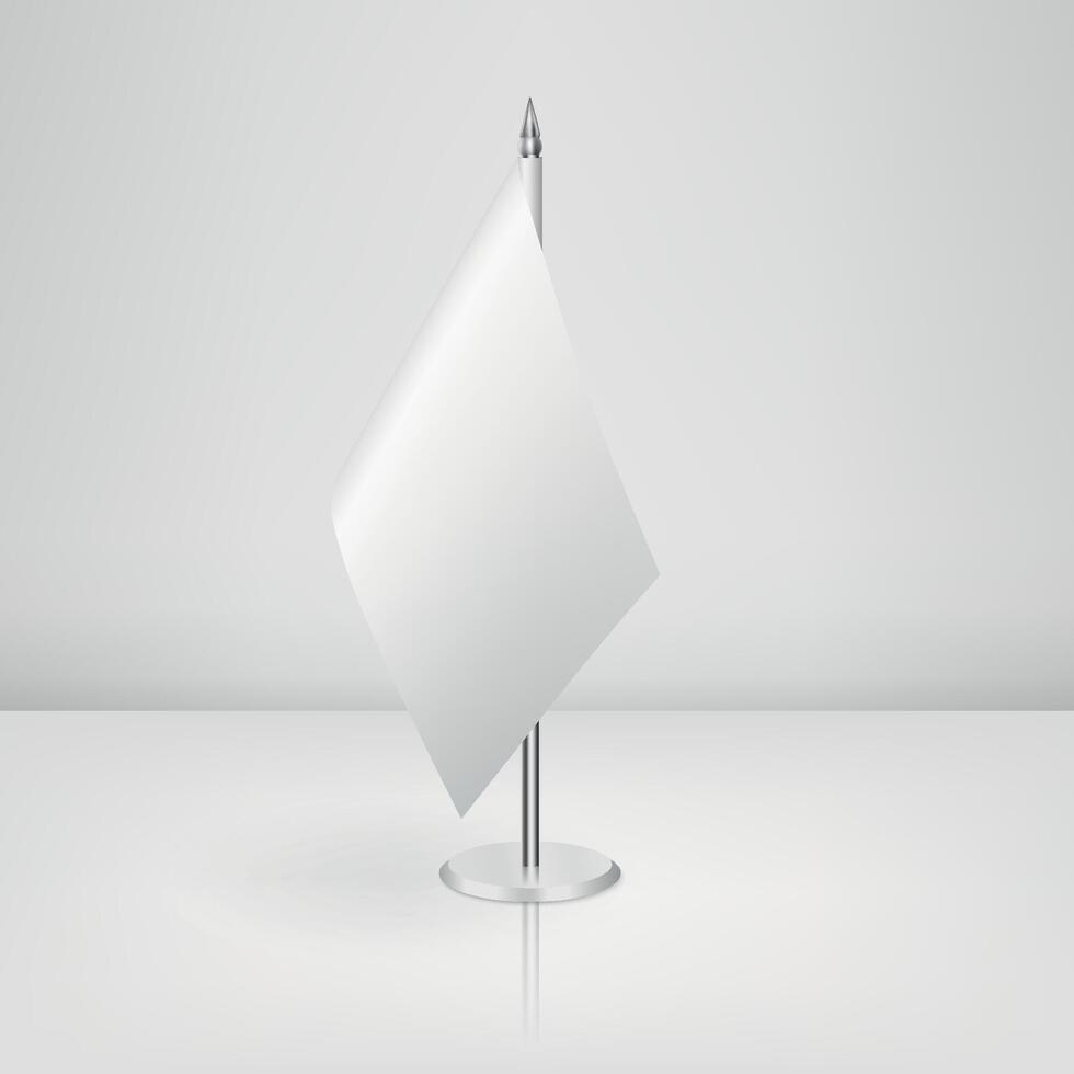 Realistic White Table Flag Mockup with Metal Stand on Minimal Background, Template for Country Symbol, Corporate Branding, Conference Decoration or Political Meeting Design vector