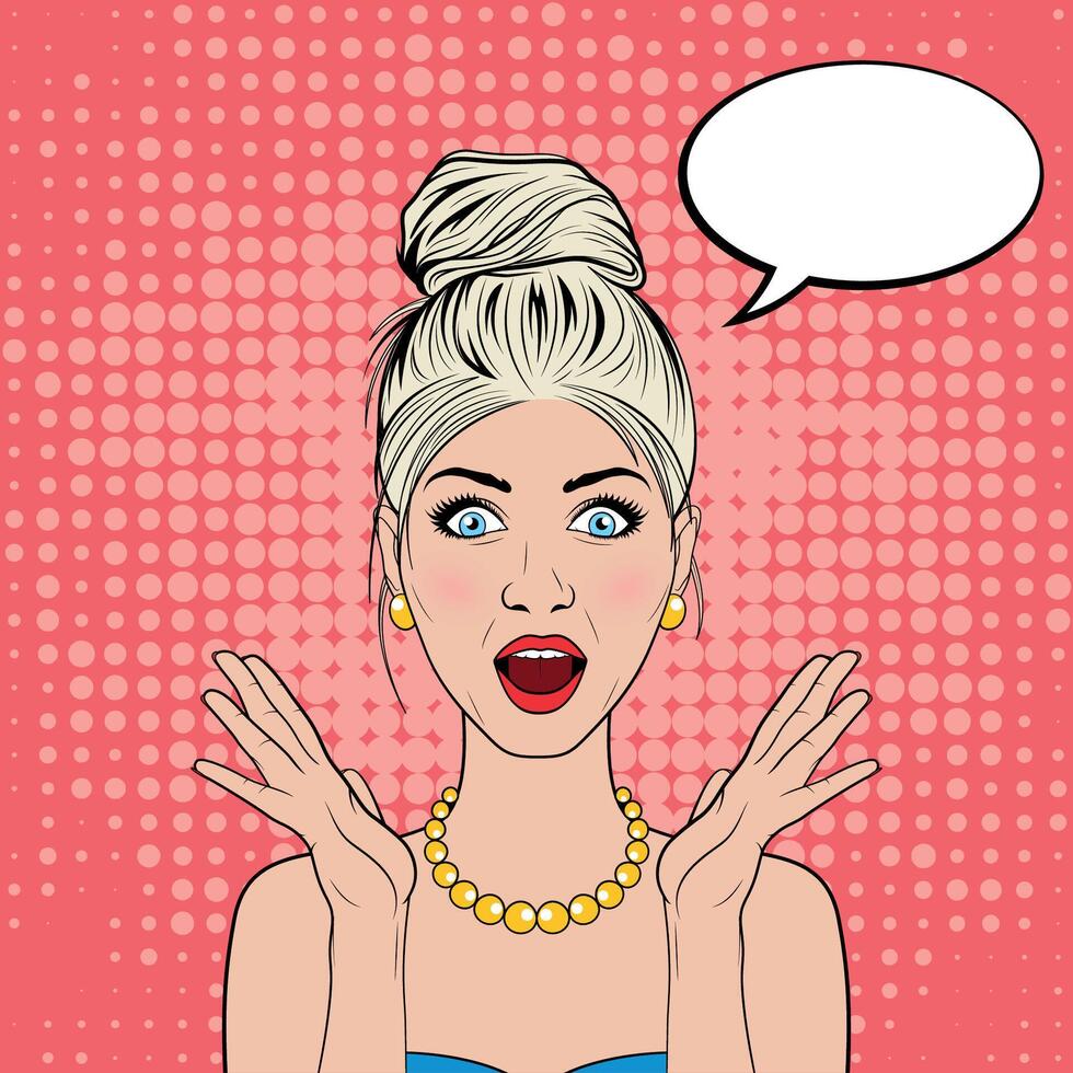 Surprised Pop Art Woman with Speech Bubble on Halftone Background. Retro Comic Style Illustration for Poster, Banner, Meme, Marketing or Social Media Template vector