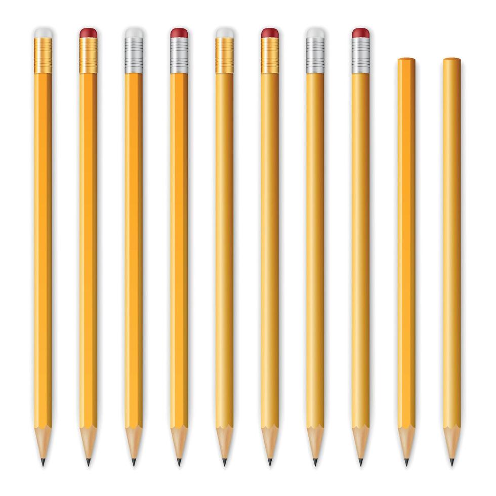 Realistic Yellow Pencils Set with and without Erasers. School and Office Supplies Collection for Stationery Design, Writing Tools, Back to School, Education or Branding Mockup vector