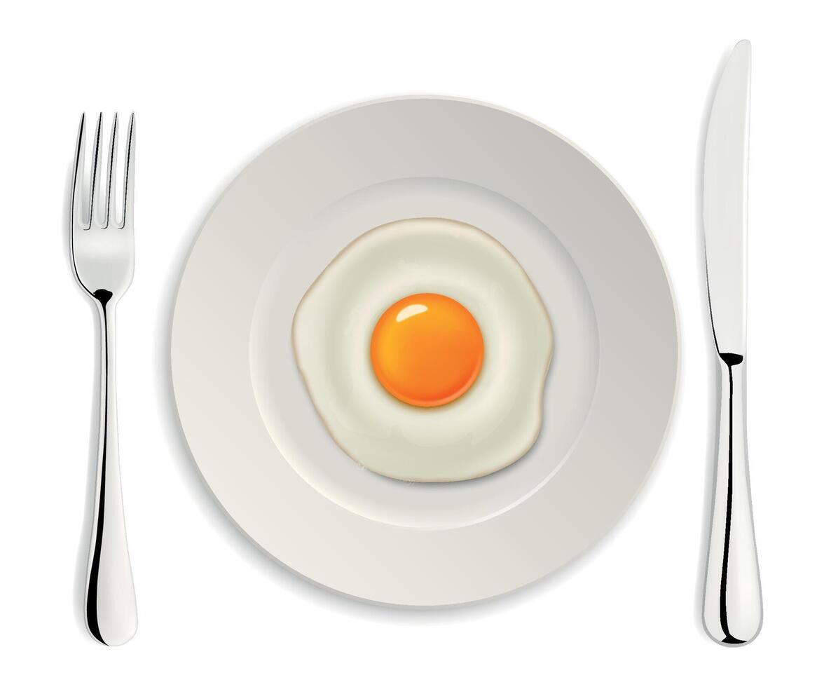 Realistic fried egg icon on a plate with fork and knife. Design template. vector