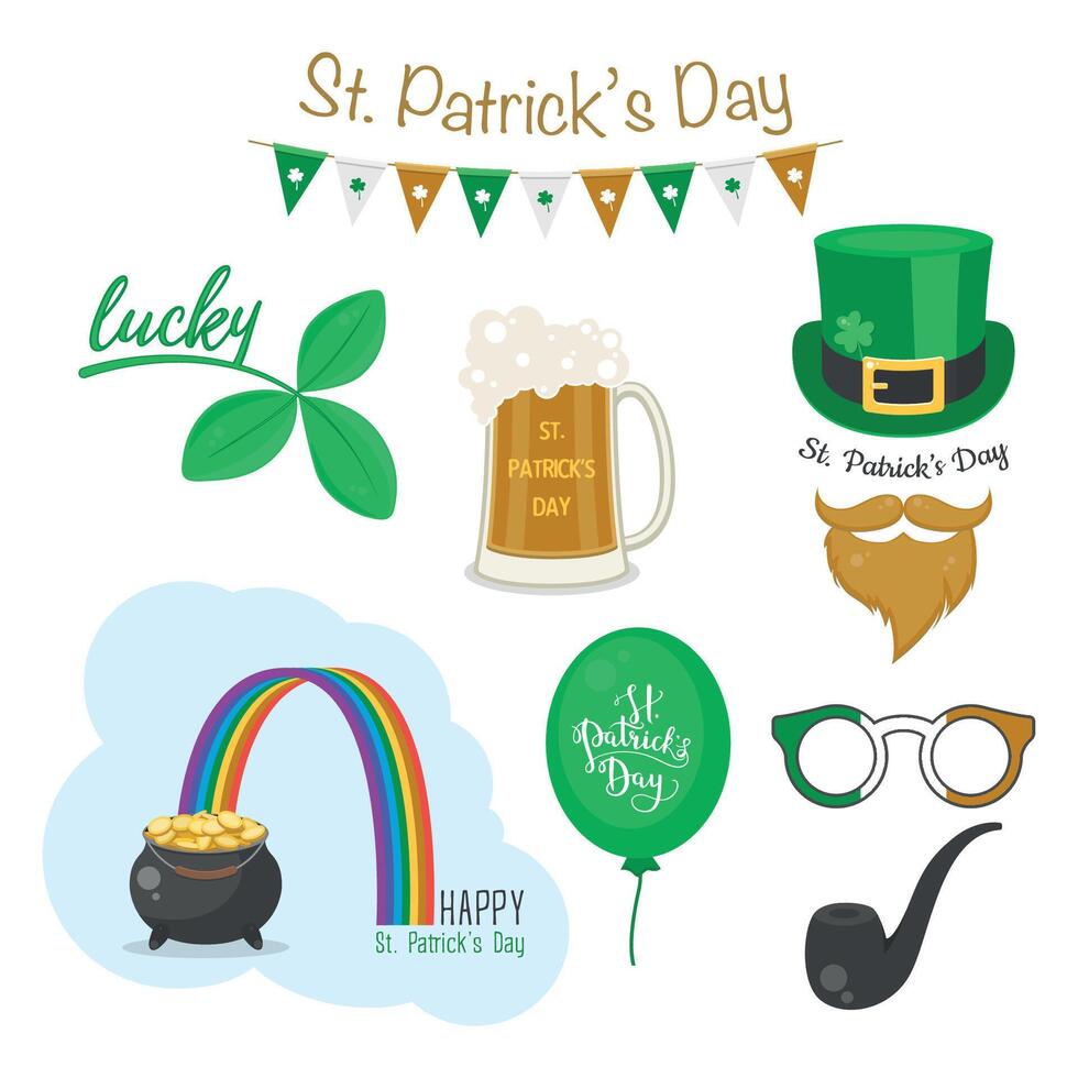 St. Patricks Day Set with Hat, Clover, Beer, Rainbow and More. Fun St. Patricks Day Icons for Celebration, Crafting. St. Patricks Day Party Design vector