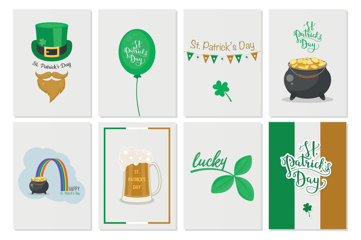 St. Patricks Day Card Set with St. Patricks Day Icons, Green Decorations and Fun St. Patricks Day Clipart for Celebration, Irish Holiday Design, Greeting Templates vector