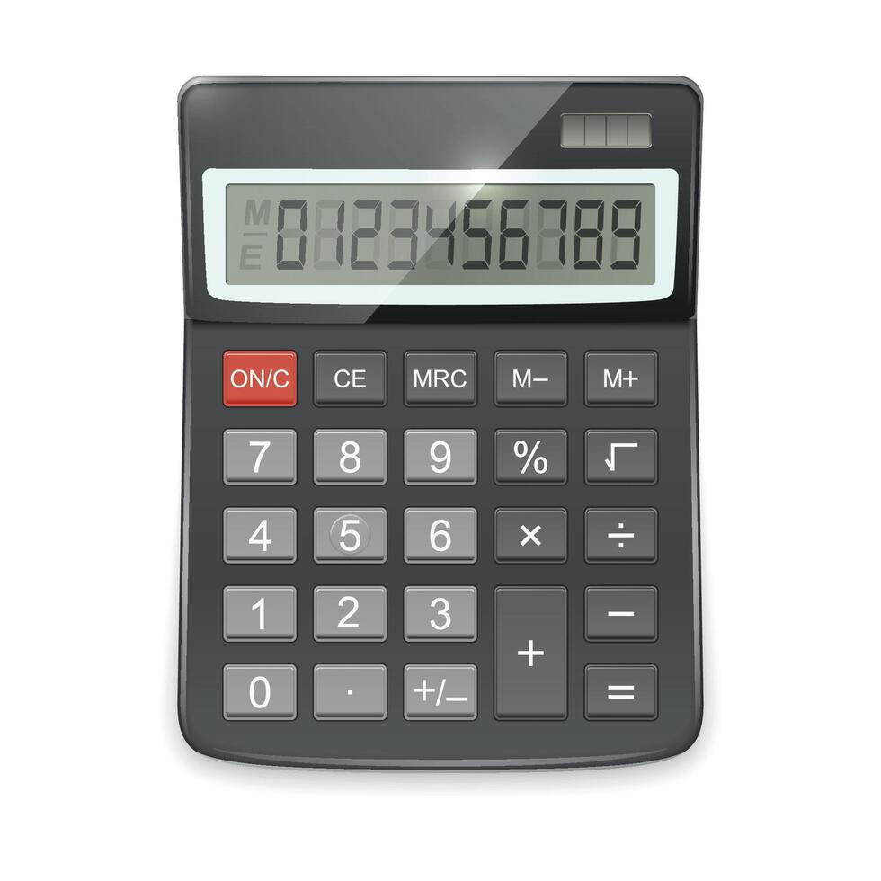Realistic Black Calculator Icon with Display. Office Calculator for Finance UI, Education Design. Basic Calculator App Mockup vector