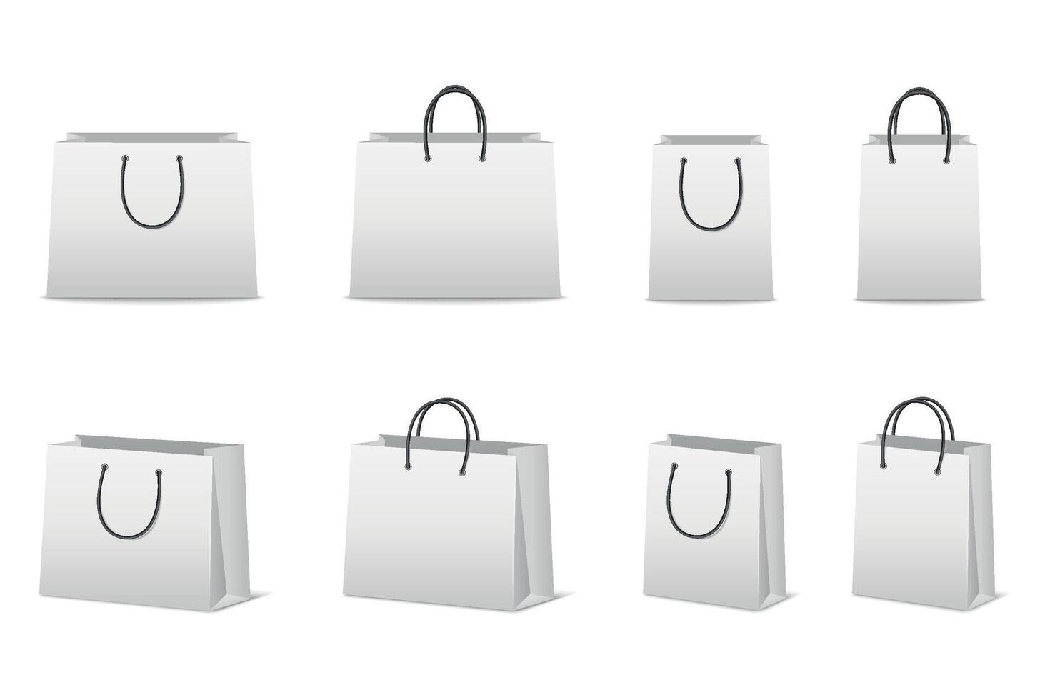 Realistic Shopping Bag Mockup Set. Blank White Shopping Bag Template with Handles in Different Angles. Isolated Shopping Bag Collection for Branding, Packaging, Gift and Fashion Store Design vector